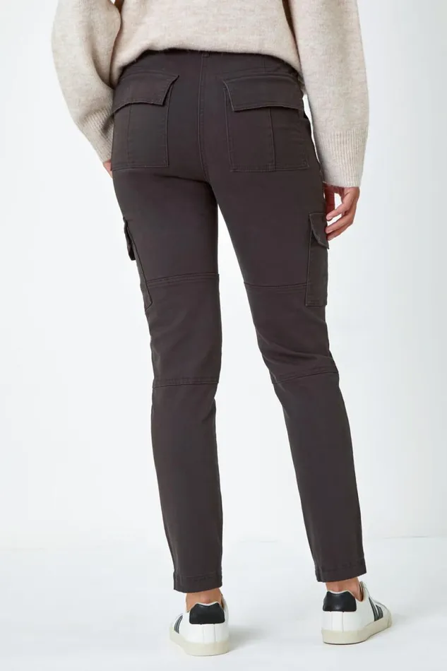 Charcoal Cotton Blend Cargo Stretch Jegging Women Roman Trousers