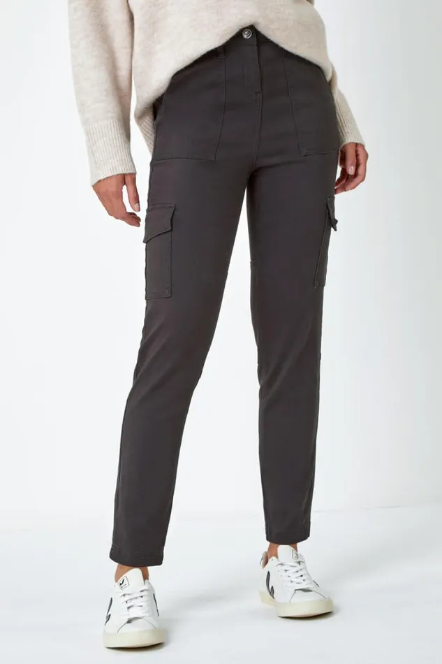Charcoal Cotton Blend Cargo Stretch Jegging Women Roman Trousers