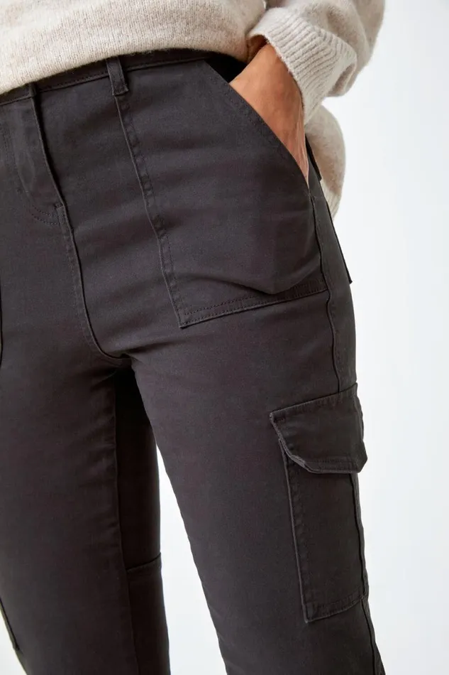 Charcoal Cotton Blend Cargo Stretch Jegging Women Roman Trousers