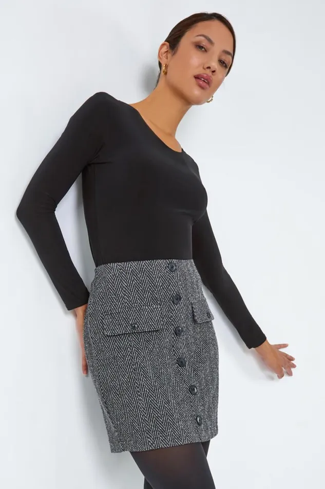 Charcoal Tweed Look Button Elastic Waist Stretch Skirt Women Roman Skirts