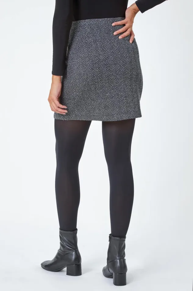 Charcoal Tweed Look Button Elastic Waist Stretch Skirt Women Roman Skirts