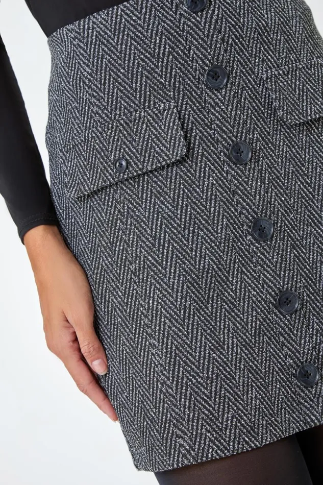 Charcoal Tweed Look Button Elastic Waist Stretch Skirt Women Roman Skirts