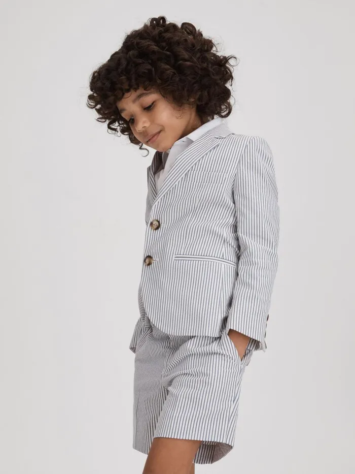 Children Reiss CoOrds Barr Seersucker Striped Adjuster Shorts Soft Blue
