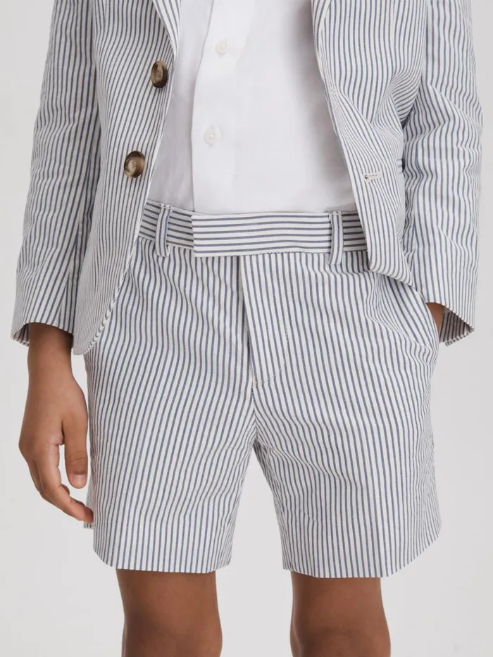 Children Reiss CoOrds Barr Seersucker Striped Adjuster Shorts Soft Blue