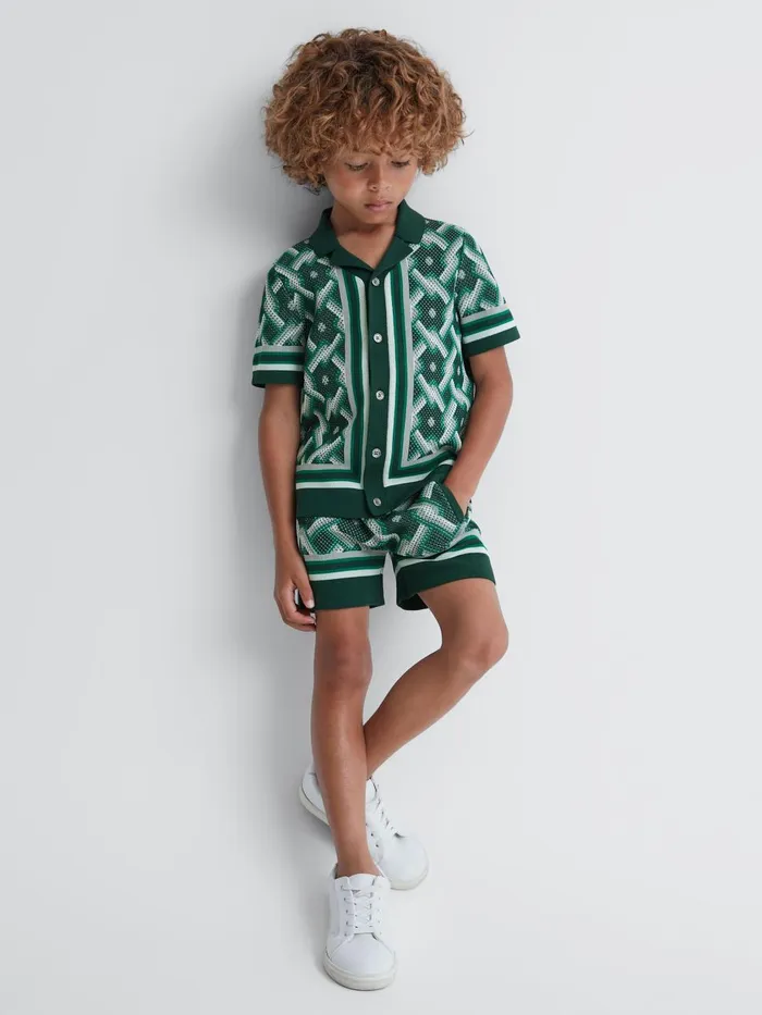 Children Reiss CoOrds Jack Knitted Elasticated Waistband Shorts Green Multi