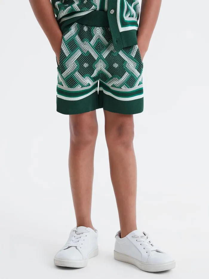 Children Reiss CoOrds Jack Knitted Elasticated Waistband Shorts Green Multi