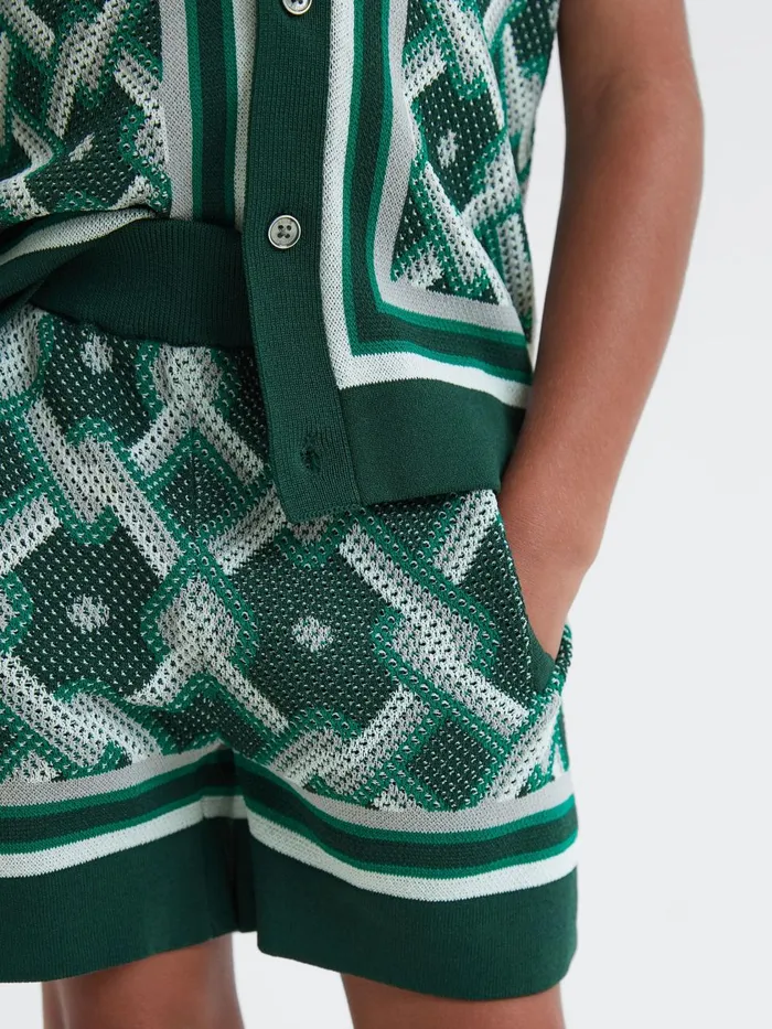Children Reiss CoOrds Jack Knitted Elasticated Waistband Shorts Green Multi