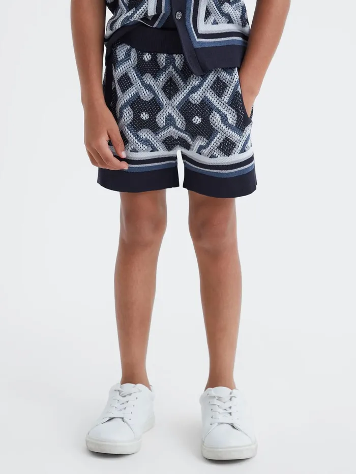 Children Reiss CoOrds Jack Knitted Elasticated Waistband Shorts Navy Multi