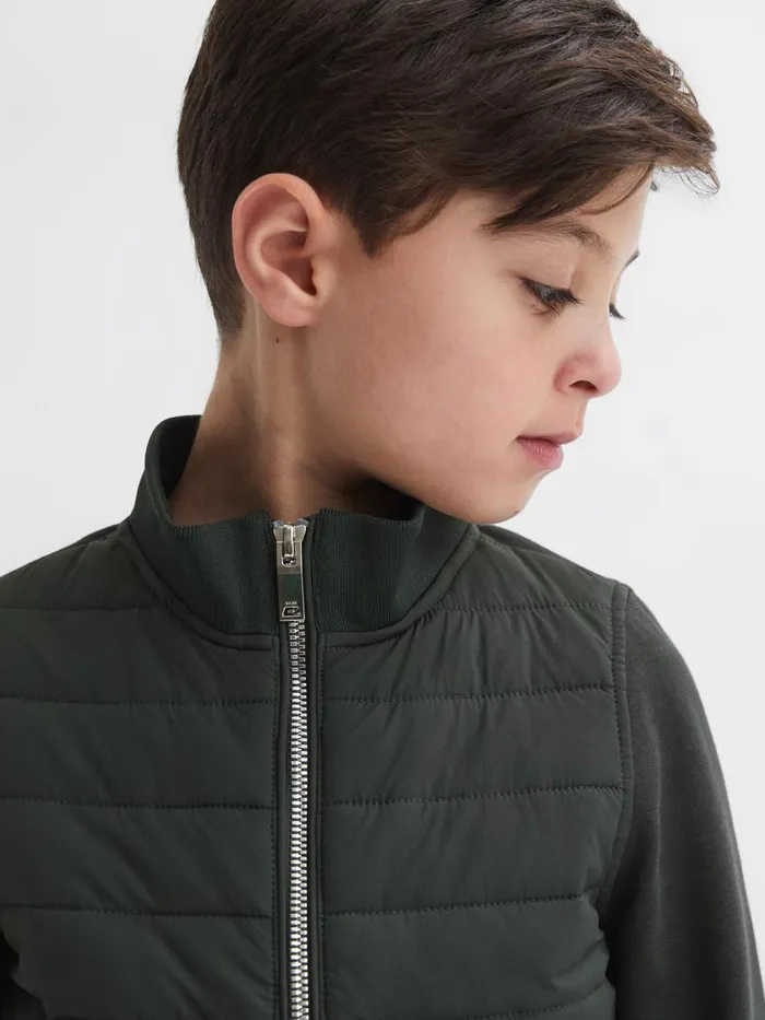 Children Reiss Coats and Jackets Flintoff Funnel Neck Quilted Hybrid Jacket Forest Green