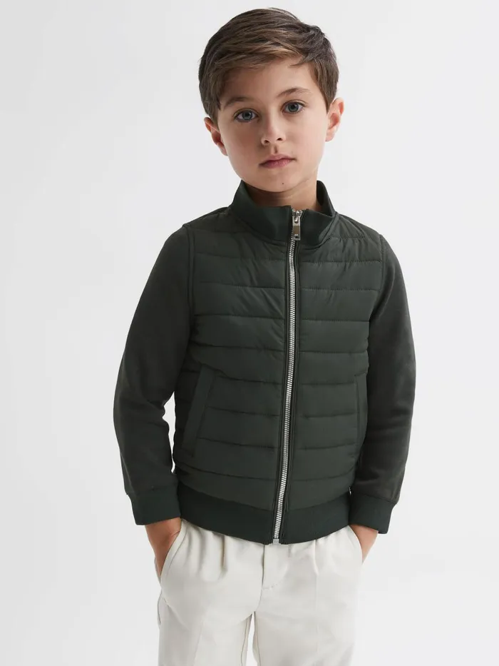 Children Reiss Coats and Jackets Flintoff Funnel Neck Quilted Hybrid Jacket Forest Green