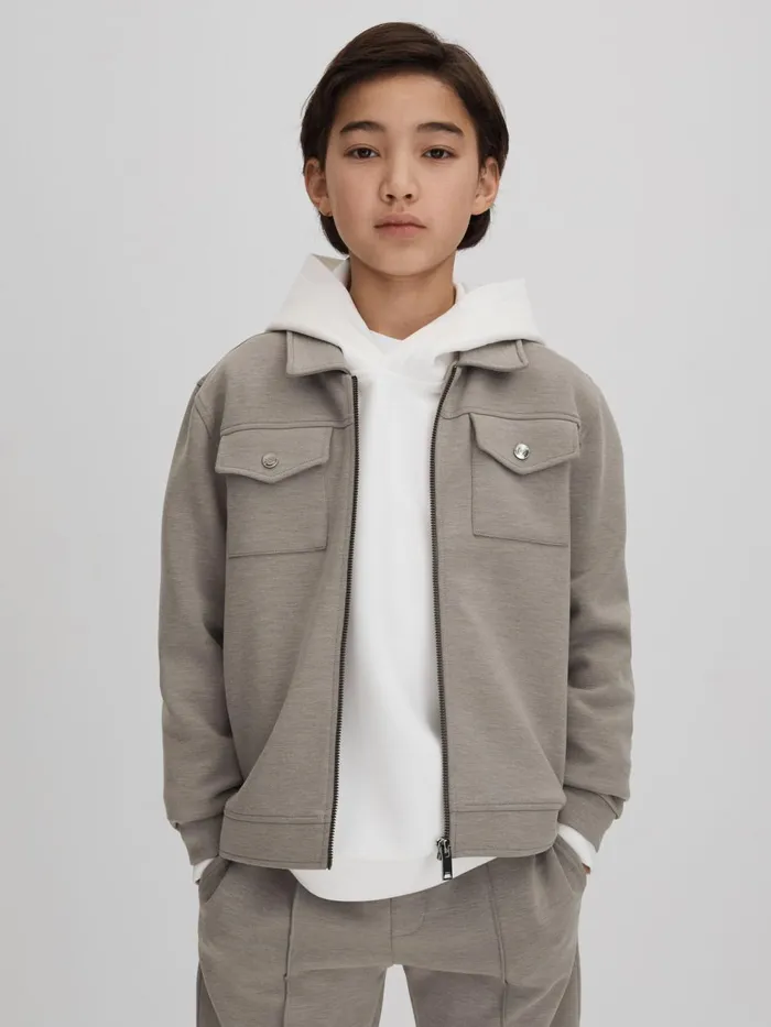 Children Reiss Coats and Jackets Medina Interlock Jersey ZipThrough Jacket Taupe