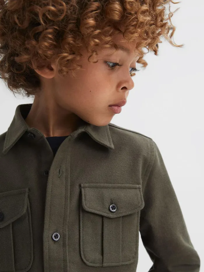 Children Reiss Coats and Jackets Thomas Brushed Cotton Patch Pocket Overshirt Pine Green