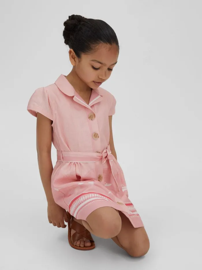 Children Reiss Dresses Eliza Cotton Linen Capped Sleeve Belted Dress Pink Print