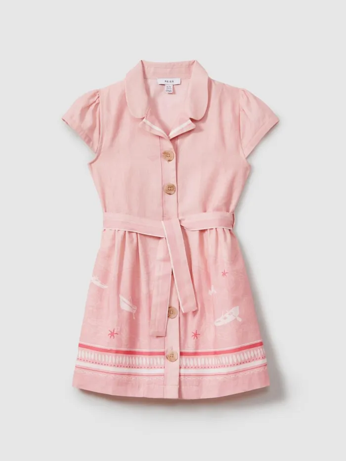 Children Reiss Dresses Eliza Cotton Linen Capped Sleeve Belted Dress Pink Print