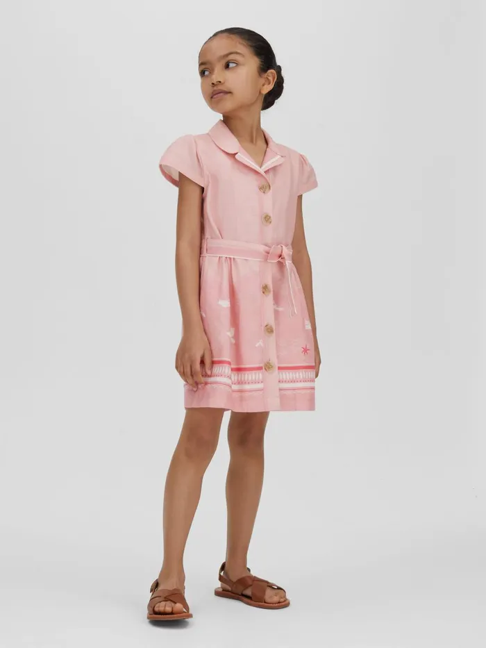 Children Reiss Dresses Eliza Cotton Linen Capped Sleeve Belted Dress Pink Print