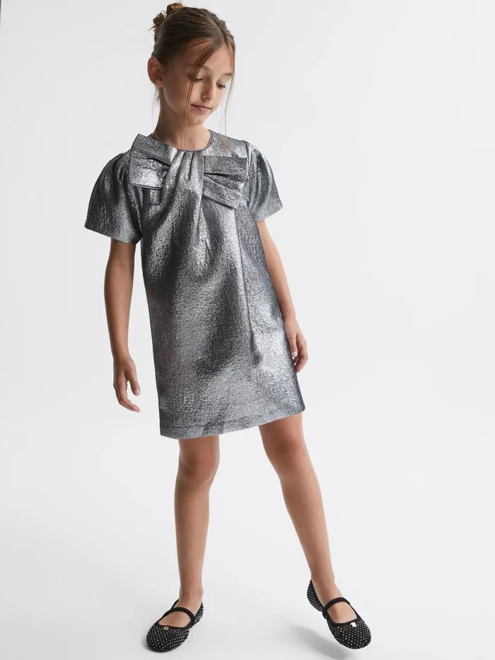 Children Reiss Dresses Franny Metallic Bow Dress Silver
