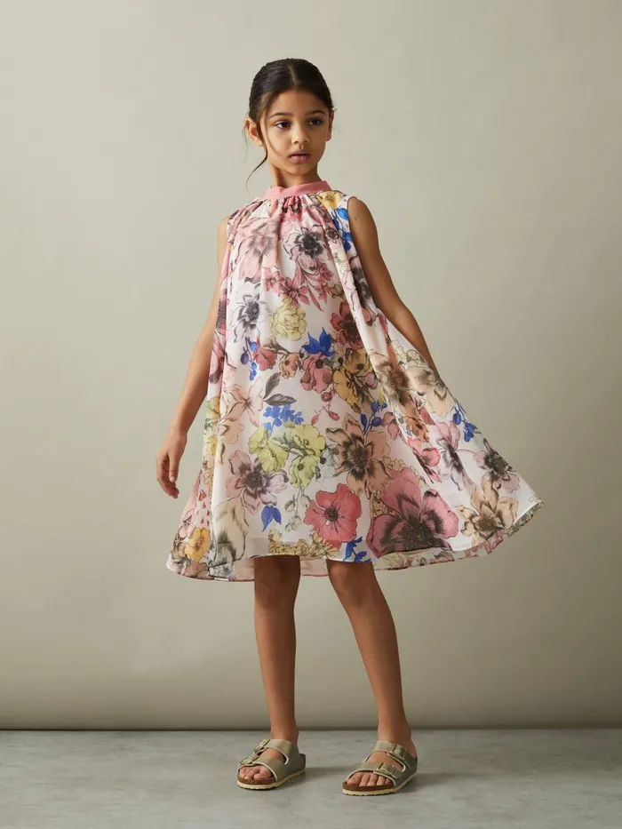 Children Reiss Dresses Kady Floral Print Halter Neck Dress Pink Print