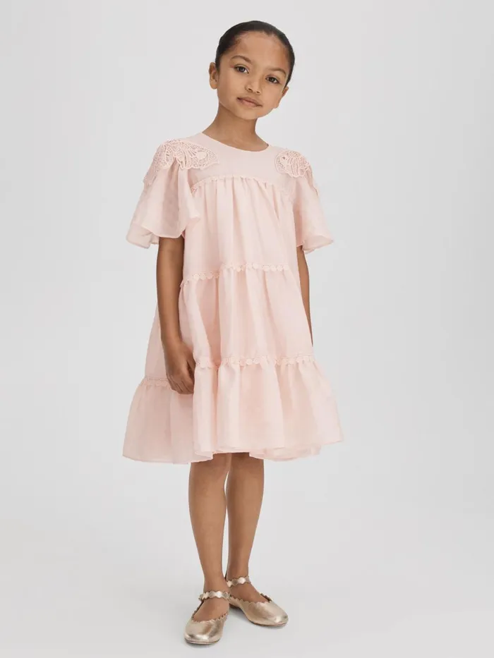 Children Reiss Dresses Leonie Tiered Embroidered Dress Pink