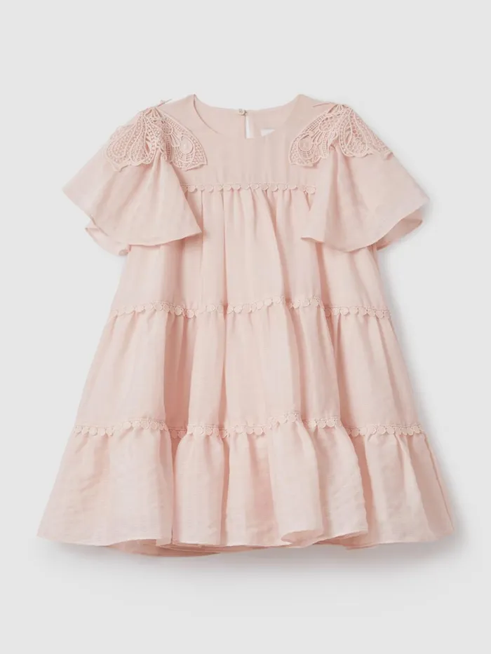 Children Reiss Dresses Leonie Tiered Embroidered Dress Pink