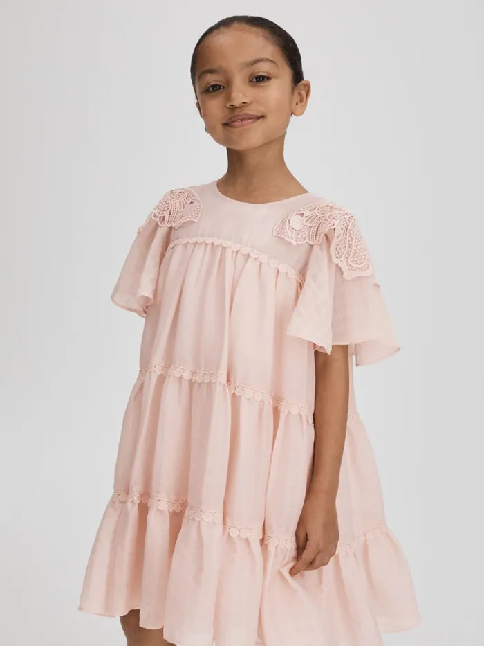 Children Reiss Dresses Leonie Tiered Embroidered Dress Pink