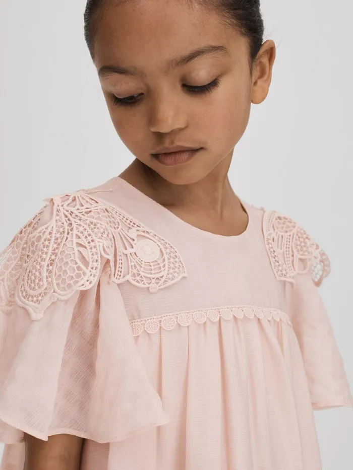Children Reiss Dresses Leonie Tiered Embroidered Dress Pink
