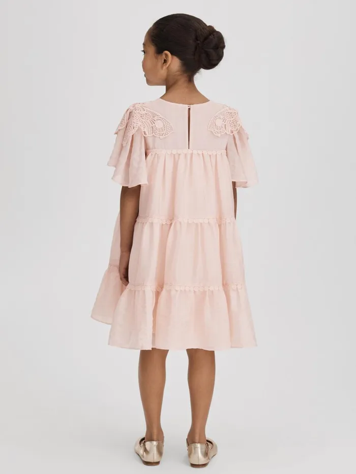 Children Reiss Dresses Leonie Tiered Embroidered Dress Pink