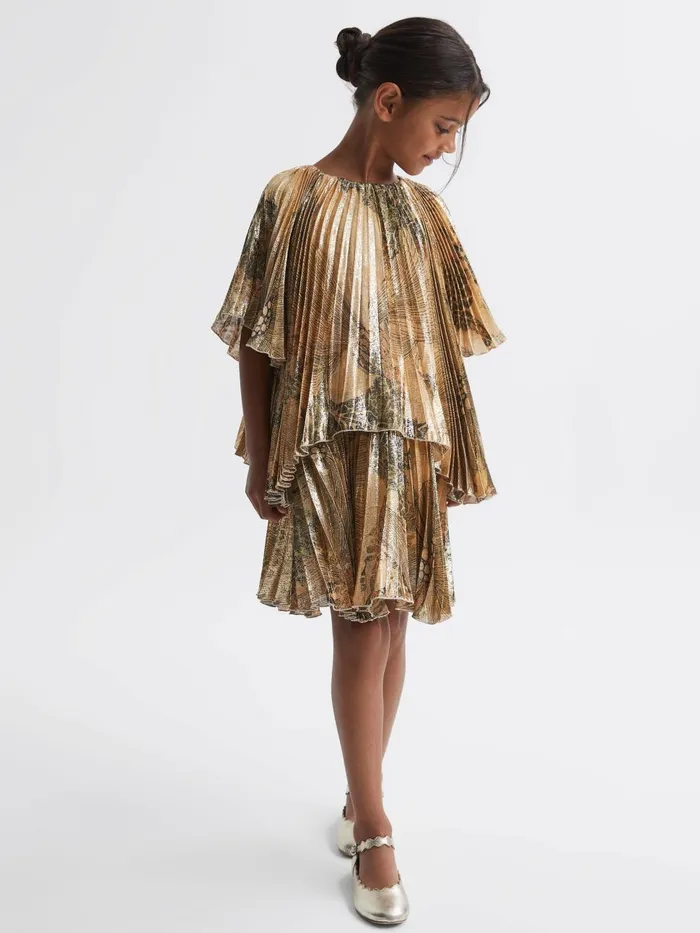 Children Reiss Dresses Rhea Metallic Pleated Tiered Dress Gold