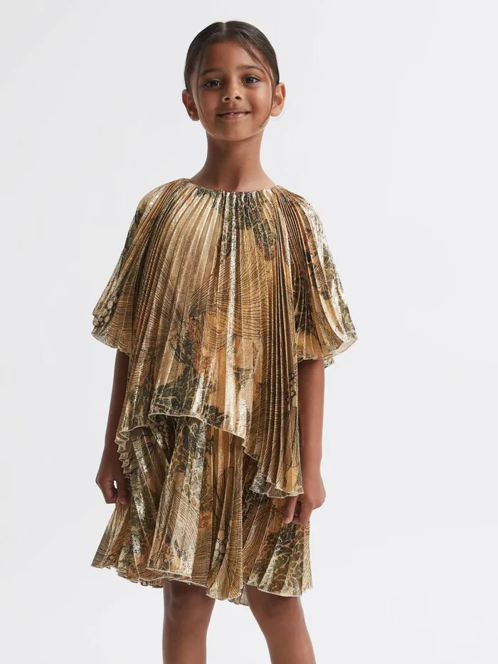 Children Reiss Dresses Rhea Metallic Pleated Tiered Dress Gold