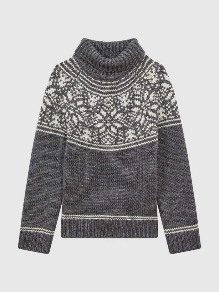 Children Reiss Knitwear Abbotsford Knitted Fair Isle Roll Neck Jumper Charcoal Melange