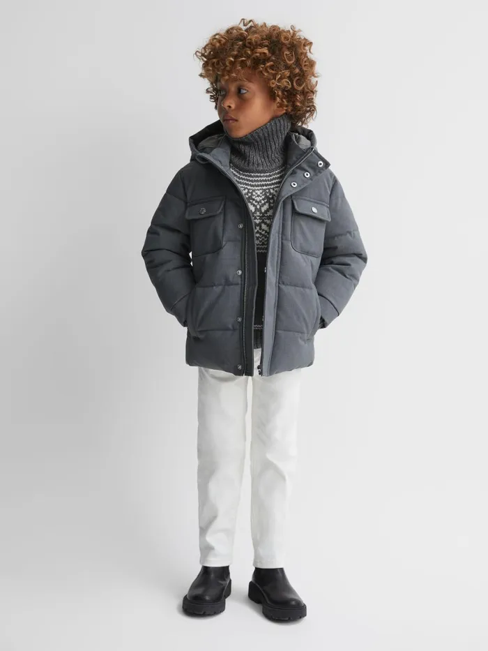 Children Reiss Knitwear Abbotsford Knitted Fair Isle Roll Neck Jumper Charcoal Melange