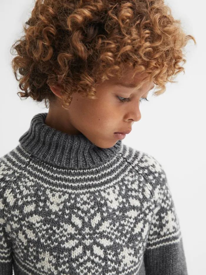 Children Reiss Knitwear Abbotsford Knitted Fair Isle Roll Neck Jumper Charcoal Melange