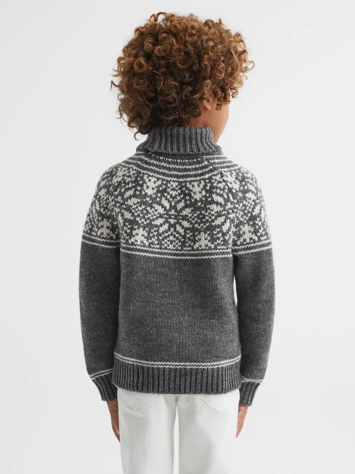 Children Reiss Knitwear Abbotsford Knitted Fair Isle Roll Neck Jumper Charcoal Melange