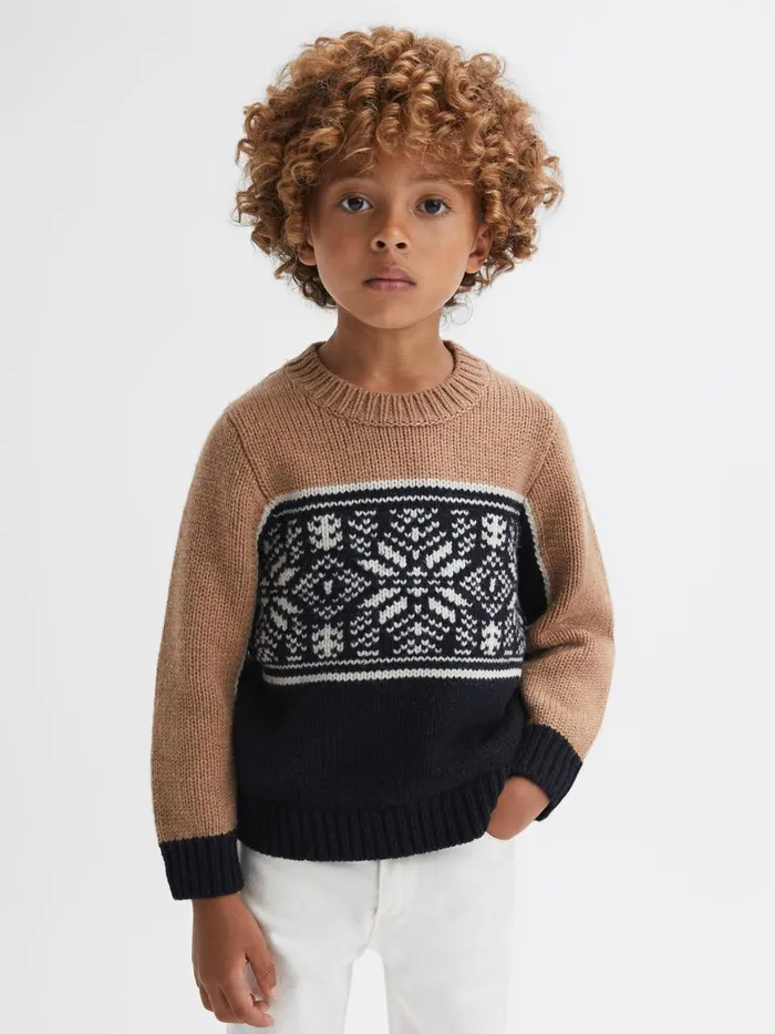Children Reiss Knitwear Nash Knitted Colourblock Crew Neck Jumper Navycamel