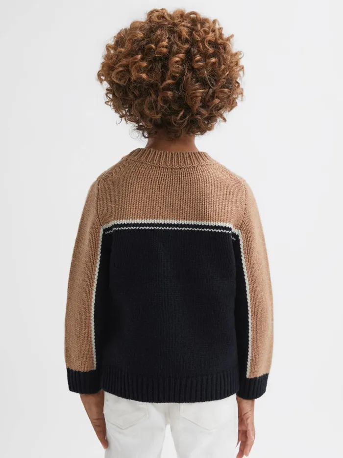 Children Reiss Knitwear Nash Knitted Colourblock Crew Neck Jumper Navycamel