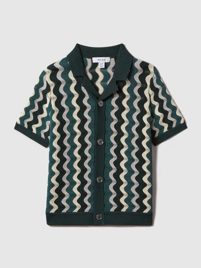 Children Reiss Shirts Waves Knitted Cuban Collar Shirt Green Multi