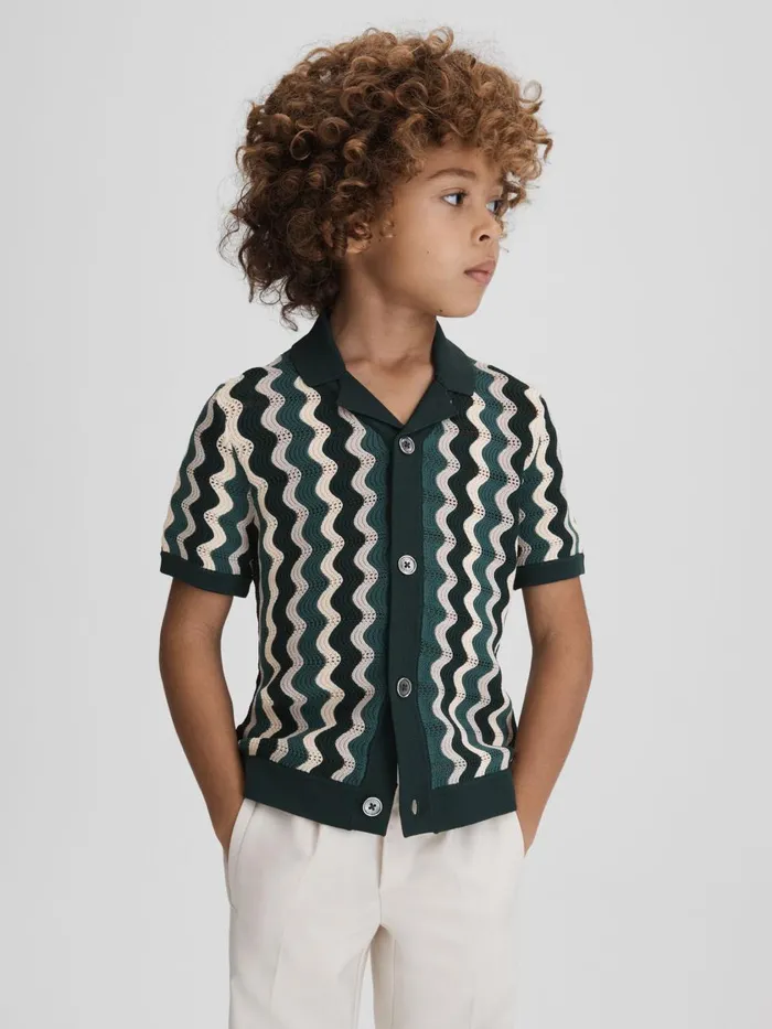 Children Reiss Shirts Waves Knitted Cuban Collar Shirt Green Multi