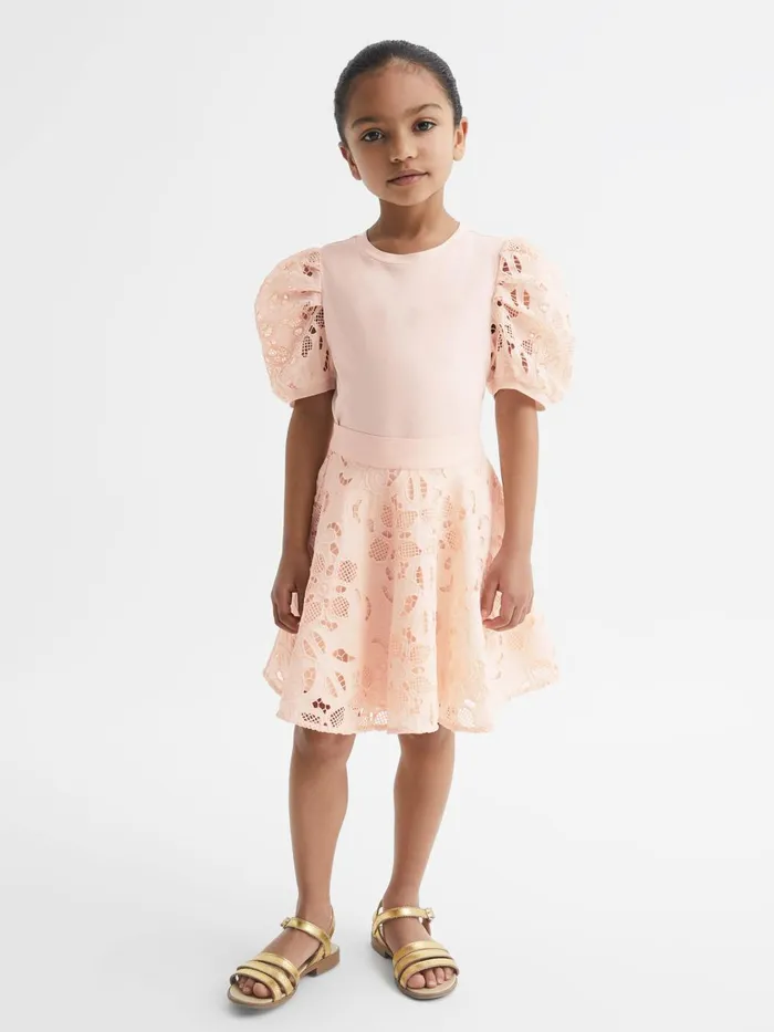 Children Reiss Tops and TShirts Alberta Floral Lace Puff Sleeve TShirt Pink