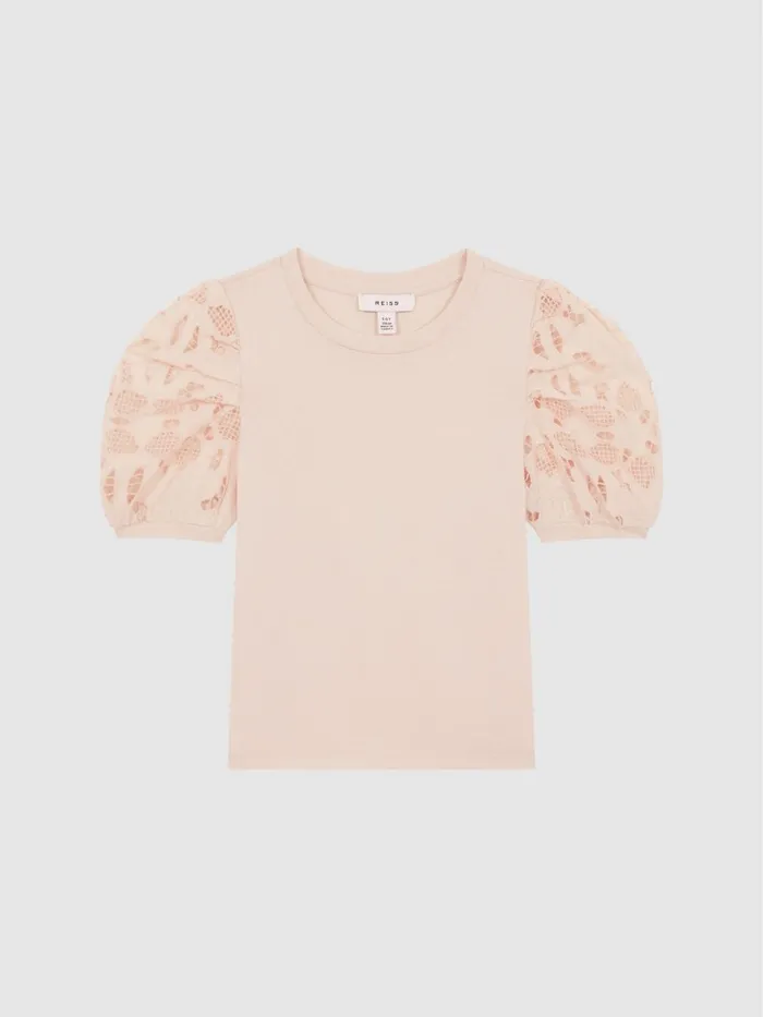 Children Reiss Tops and TShirts Alberta Floral Lace Puff Sleeve TShirt Pink