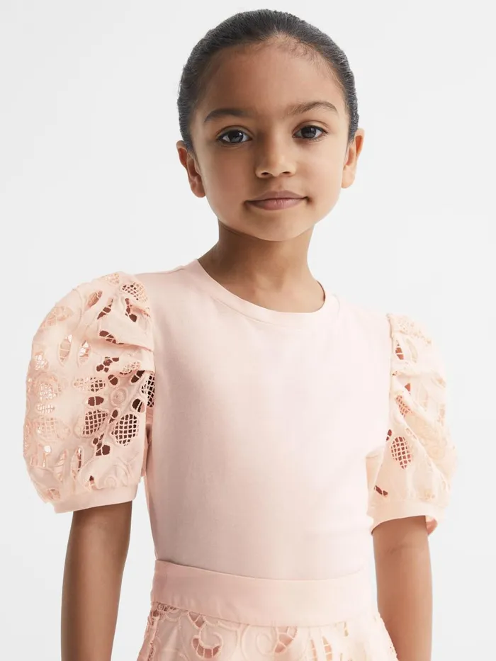Children Reiss Tops and TShirts Alberta Floral Lace Puff Sleeve TShirt Pink