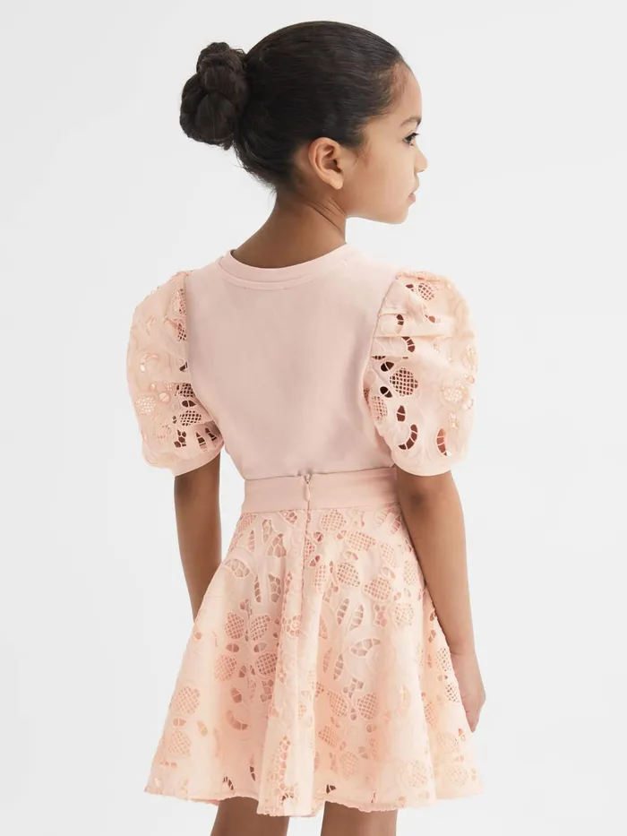 Children Reiss Tops and TShirts Alberta Floral Lace Puff Sleeve TShirt Pink