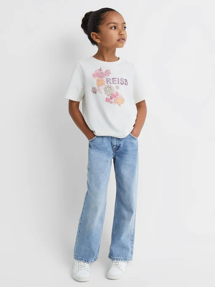 Children Reiss Tops and TShirts Misha Cotton Motif CrewNeck TShirt Ivory