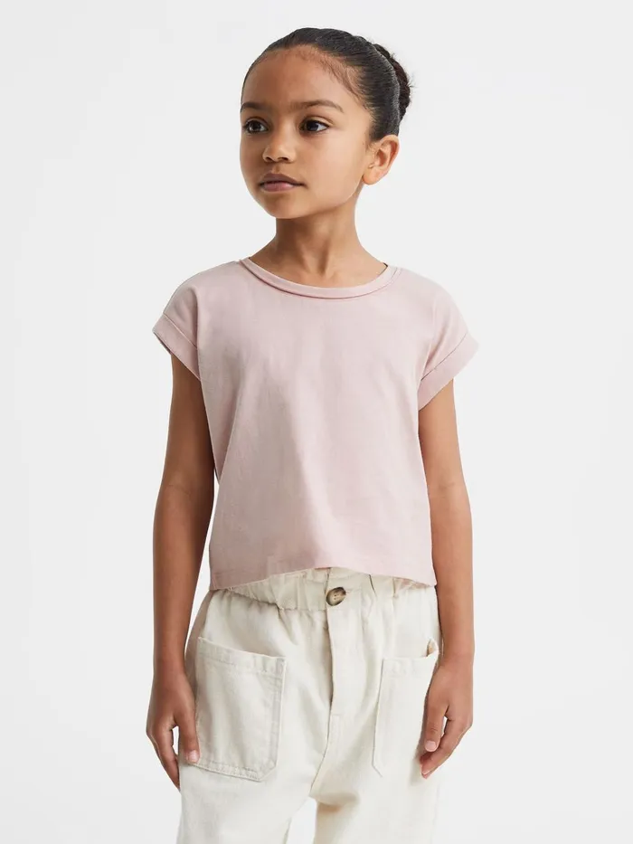 Children Reiss Tops and TShirts Terry Cotton Crew Neck Crop Top Pale Pink