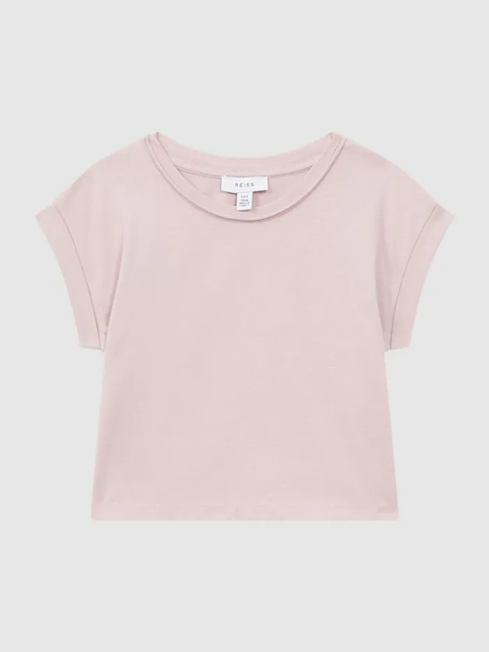 Children Reiss Tops and TShirts Terry Cotton Crew Neck Crop Top Pale Pink