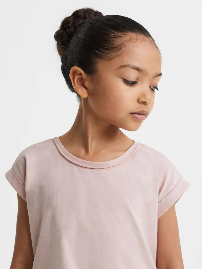 Children Reiss Tops and TShirts Terry Cotton Crew Neck Crop Top Pale Pink