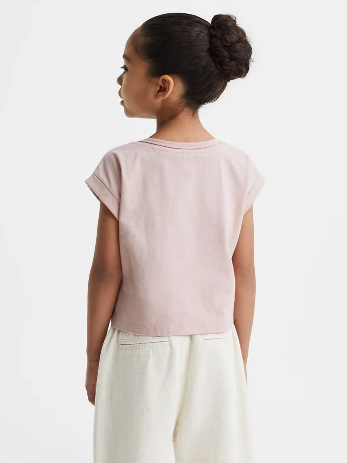 Children Reiss Tops and TShirts Terry Cotton Crew Neck Crop Top Pale Pink
