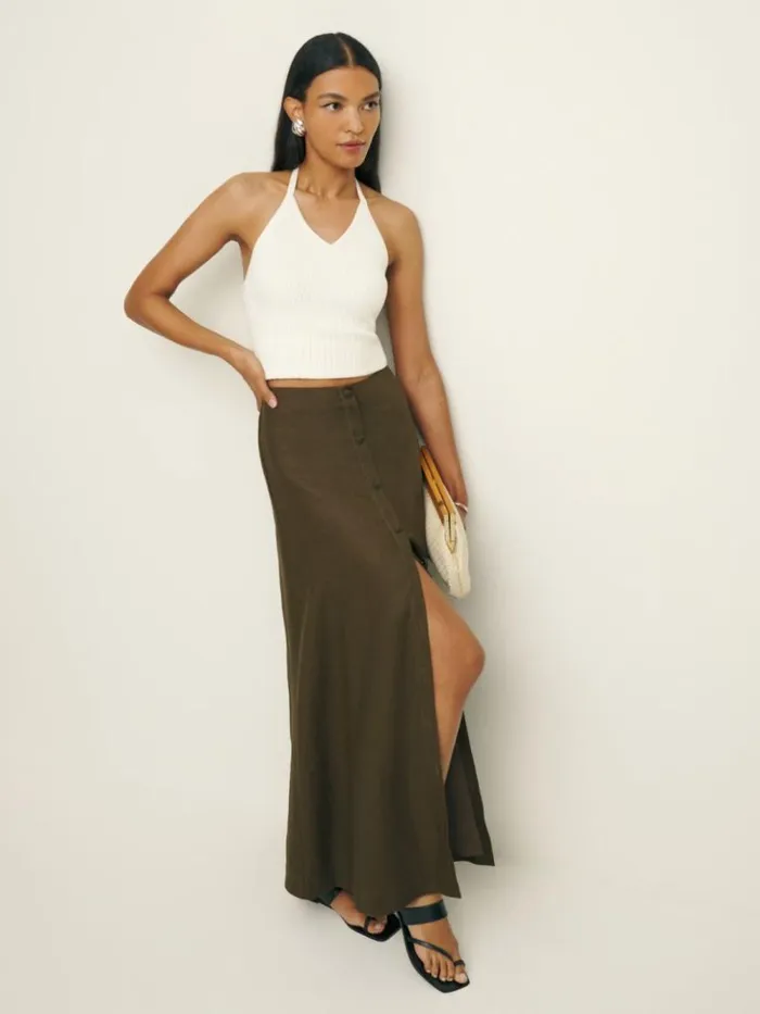 Clothing The Reformation Andi Low Rise Linen Maxi Skirt Dark Olive