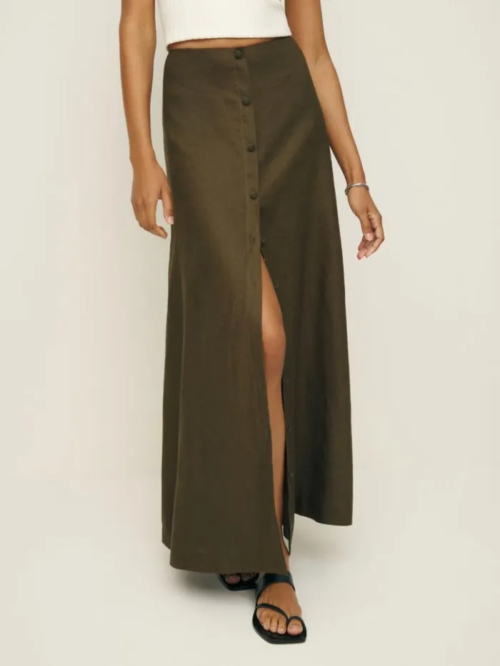 Clothing The Reformation Andi Low Rise Linen Maxi Skirt Dark Olive
