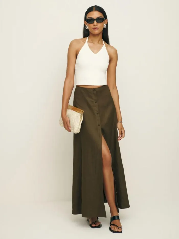 Clothing The Reformation Andi Low Rise Linen Maxi Skirt Dark Olive