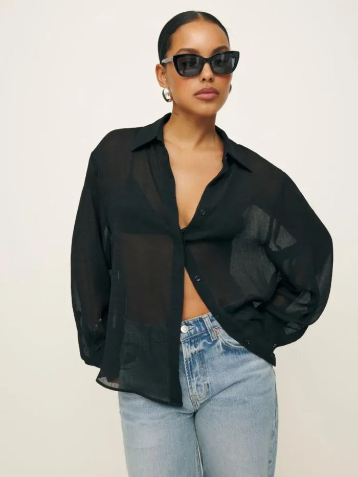 Clothing The Reformation Andy Oversized Shirt Sheer Black