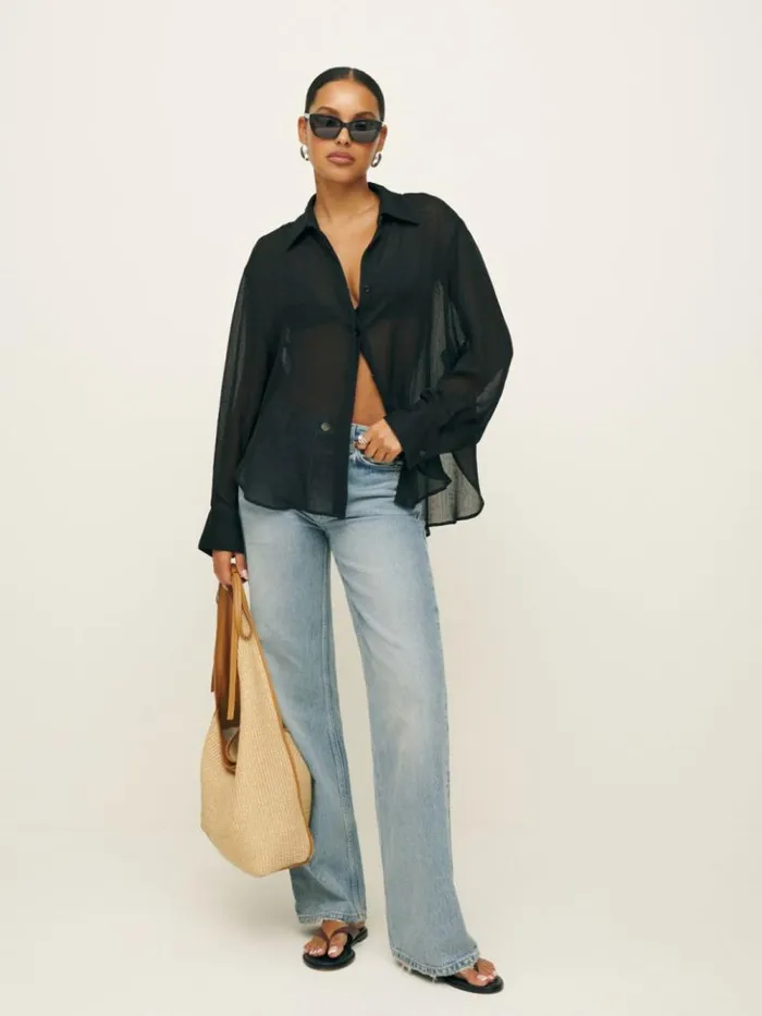 Clothing The Reformation Andy Oversized Shirt Sheer Black